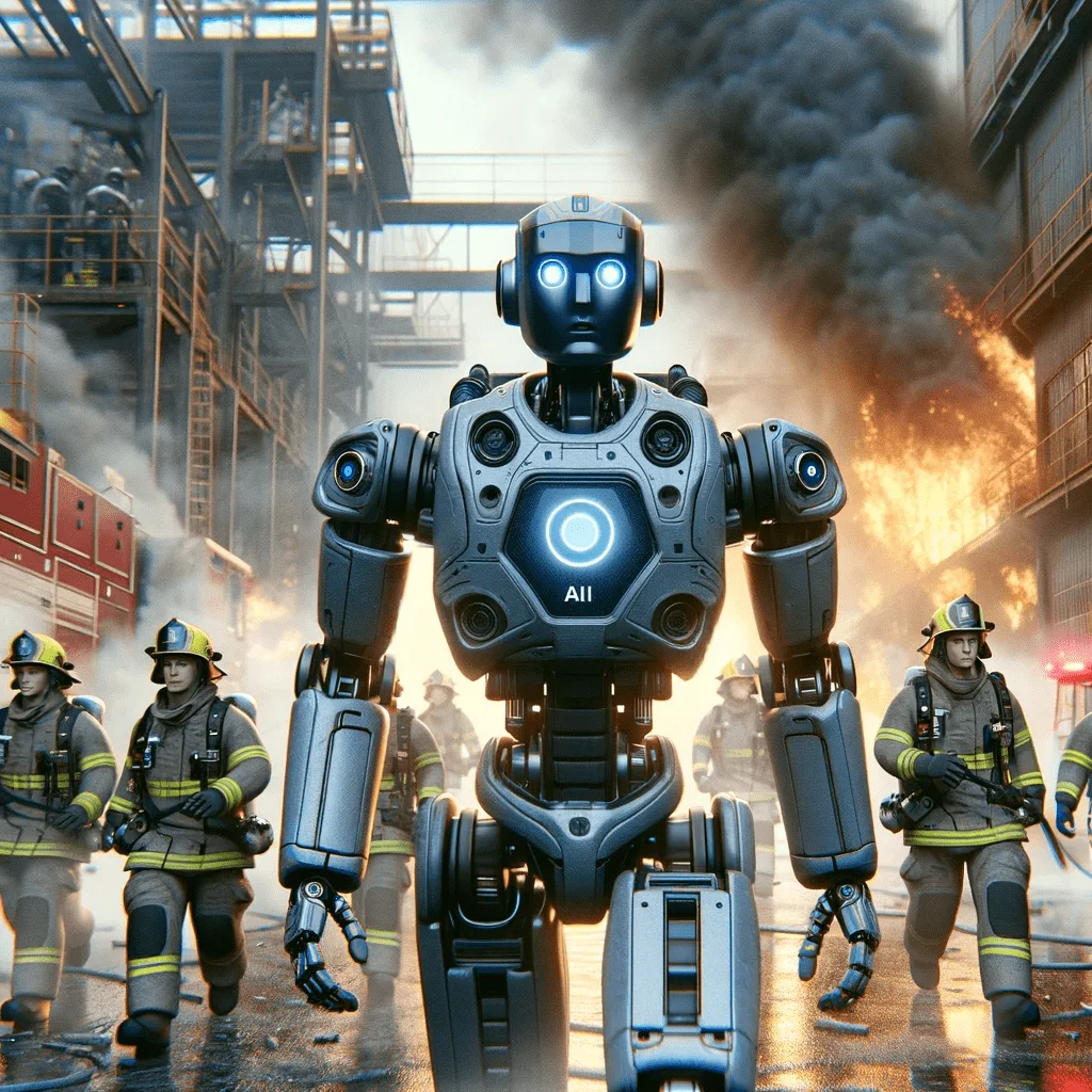 AI Robot Designs Overview of Artificial Intelligence Robotics 2024 -AI robot is leading a team of firefighters during an emergency response in an industrial area