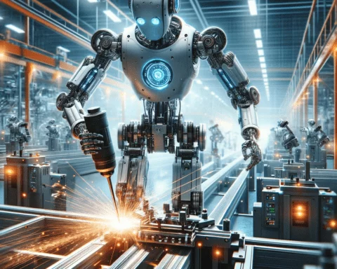 AI Robot Designs Overview of Artificial Intelligence Robotics 2024- The AI robot is assisting in the assembly on production line in the background. The robot's design is robust and industrial