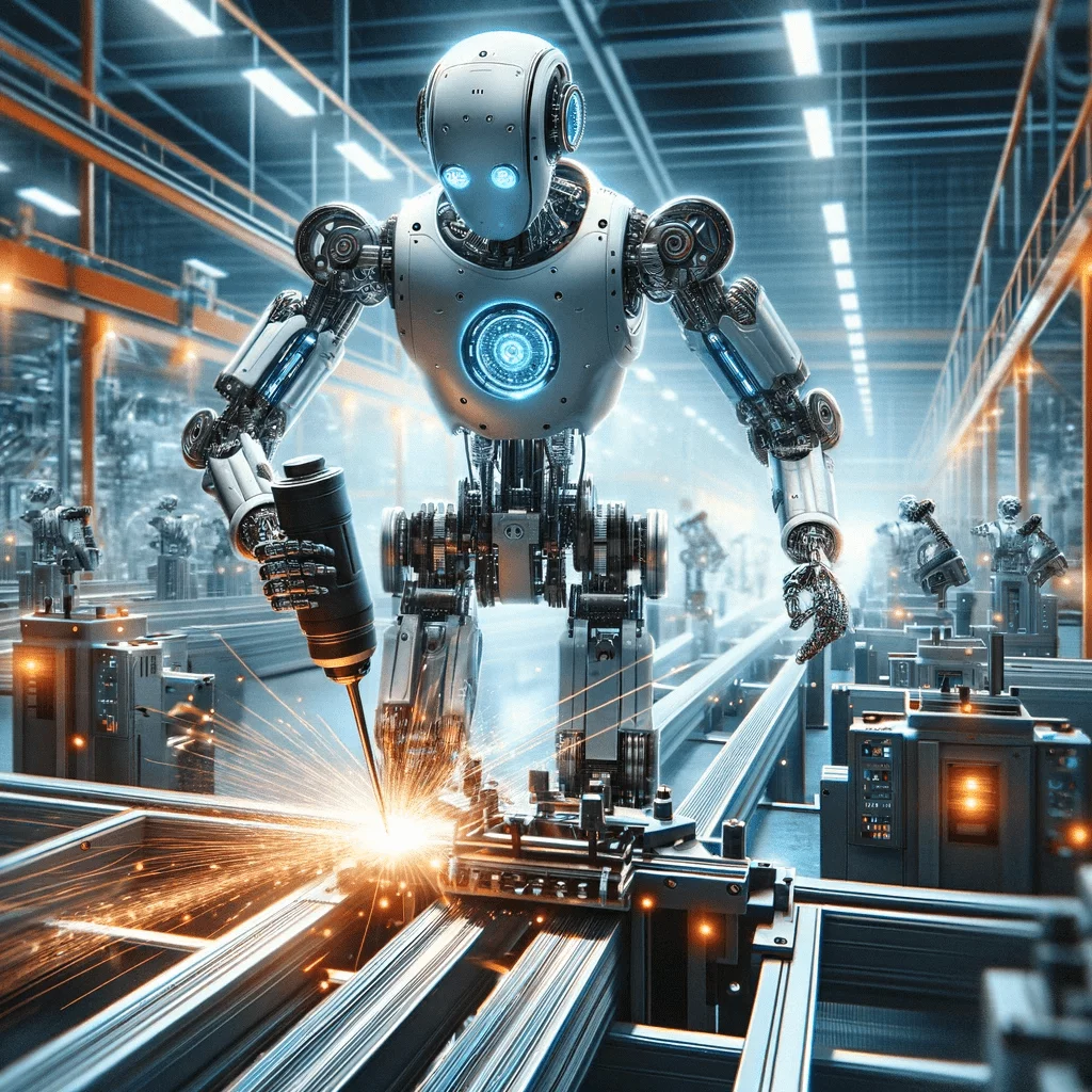 AI Robot Designs Overview of Artificial Intelligence Robotics 2024- The AI robot is assisting in the assembly on production line in the background. The robot's design is robust and industrial