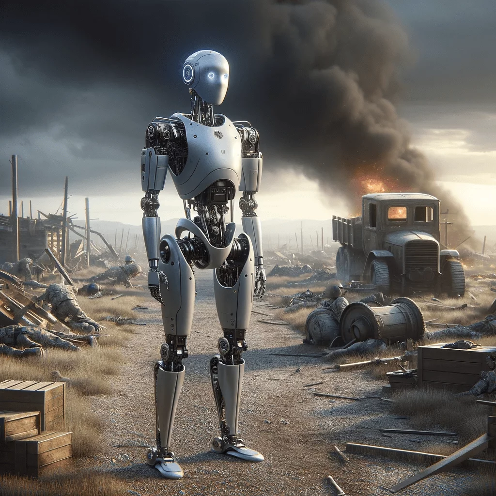 AI Robot Designs Overview of Artificial Intelligence Robotics - modern depiction of an AI robot in a war setting, emphasizing the ethical complexities of robotics and artificial intelligence