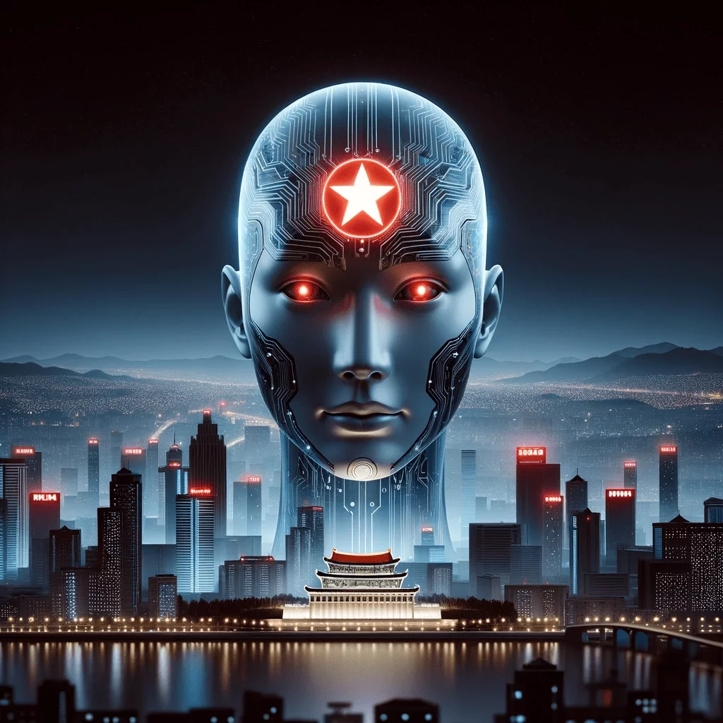 North Korea's AI Ambitions Cloaked Titan Awakens in the Realm of Artificial Intelligence - An AI head with a glowing red star on its forehead emerges above the skyline of Pyongyang