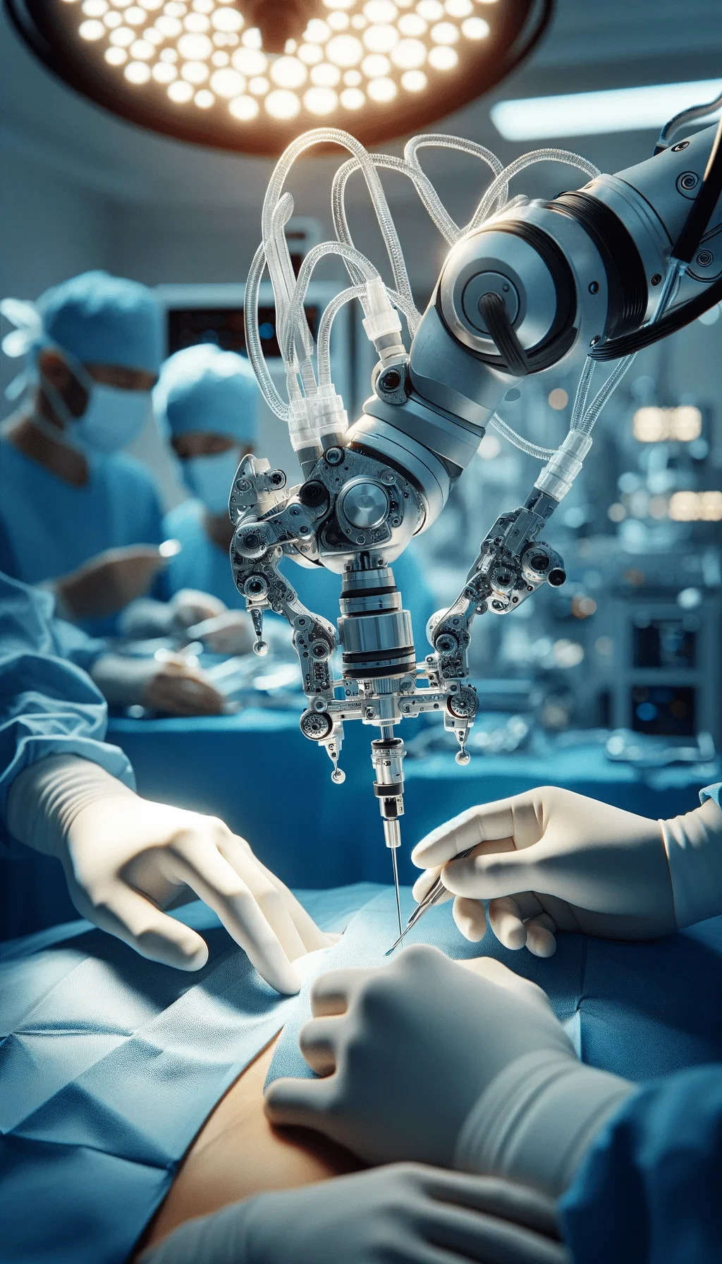 Robotic Surgery and Rehabilitation - A robotic arm with precise, delicate mechanisms is assisting a team of doctors during a complex surgery